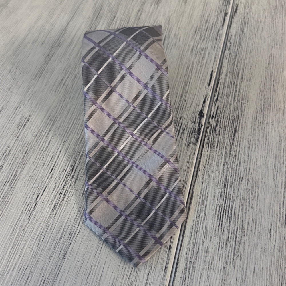 Egara Mens Plaid Necktie Grey Purple Geometric Pattern Formal Business Silk Tie